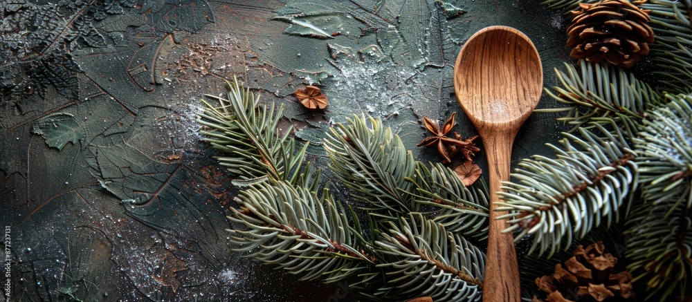 Poster Rustic wooden spoon on a pine tree backdrop creating a festive Christmas copy space image