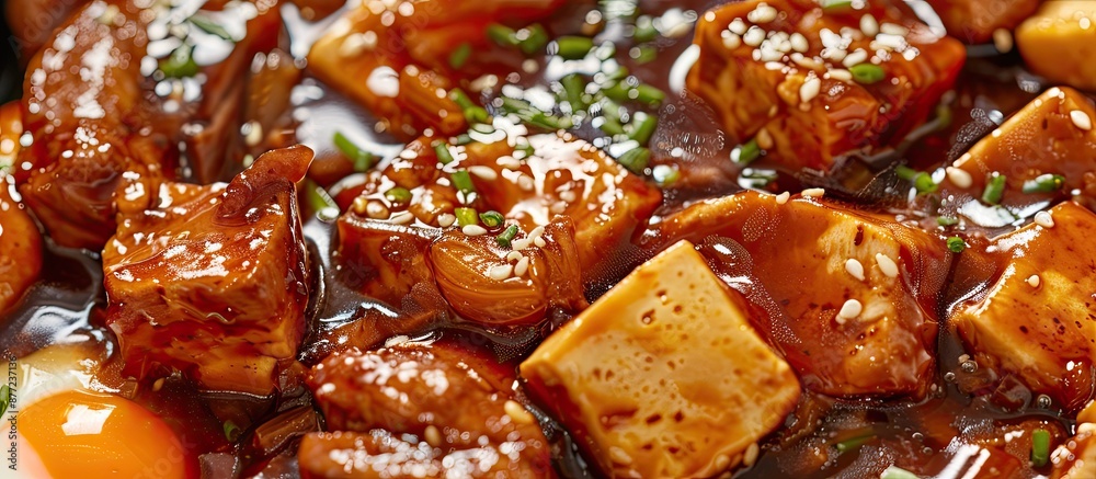 Poster asian cuisine with a close up of egg pork and tofu in sweet brown sauce displayed from a top view id