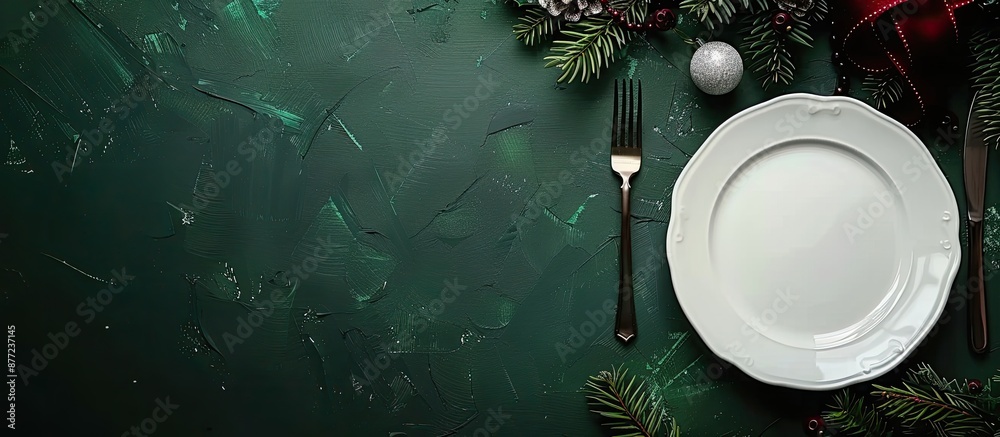 Poster Festive New Year cutlery on a trendy Savannah Green background creates a Christmas table setting with empty plates traditional elements hard light dark shadows for a flat lay with copy space image