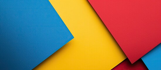 Top view of an abstract geometric background in yellow red and blue crafted from layered paper providing a copy space image
