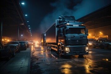 Several trucks with containers coming out of the warehouse, generative IA