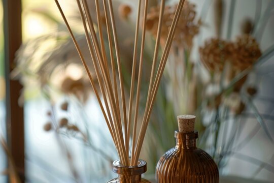 Closeup of a stylish reed diffuser with a bokeh background, emphasizing a tranquil ambiance