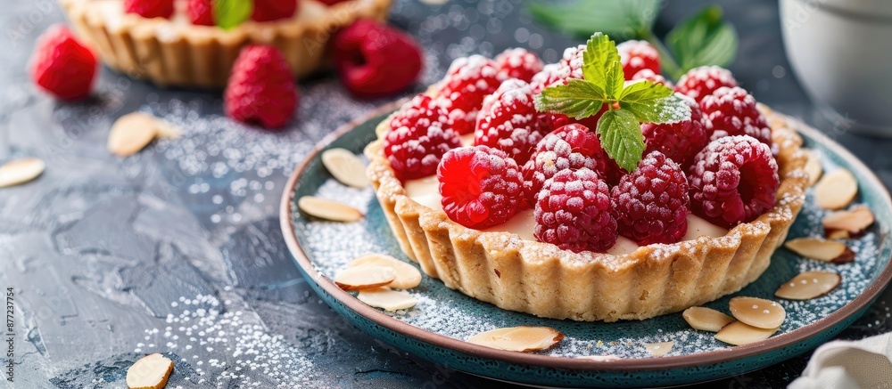 Poster raspberry tartlet with vanilla custard almond flakes and copy space image