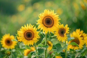 A close-up shot highlights three radiant sunflowers with brilliant yellow petals thriving in a sunlit field, capturing the essence of summer and natural beauty in full bloom