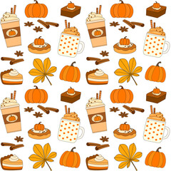 Pumpkin spice latte and sweet pastries seamless vector pattern with fall leaves, aromatic cinnamon, anise and whole pumpkins. Cozy autumn background