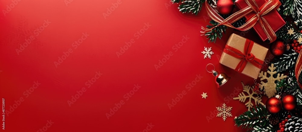 Poster top view of christmas and new year decorations including a tree gift box snowflakes and bells agains