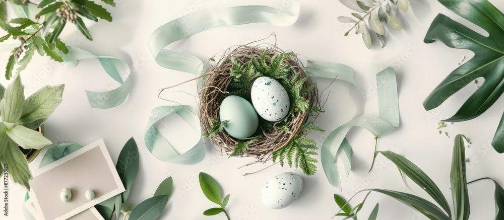 Leinwandbilder invitation card mockup featuring easter eggs ribbons and a nest on a white background frame surround