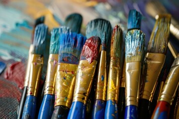Obraz premium Closeup of paintbrushes with vibrant paint stains on an abstract painted canvas