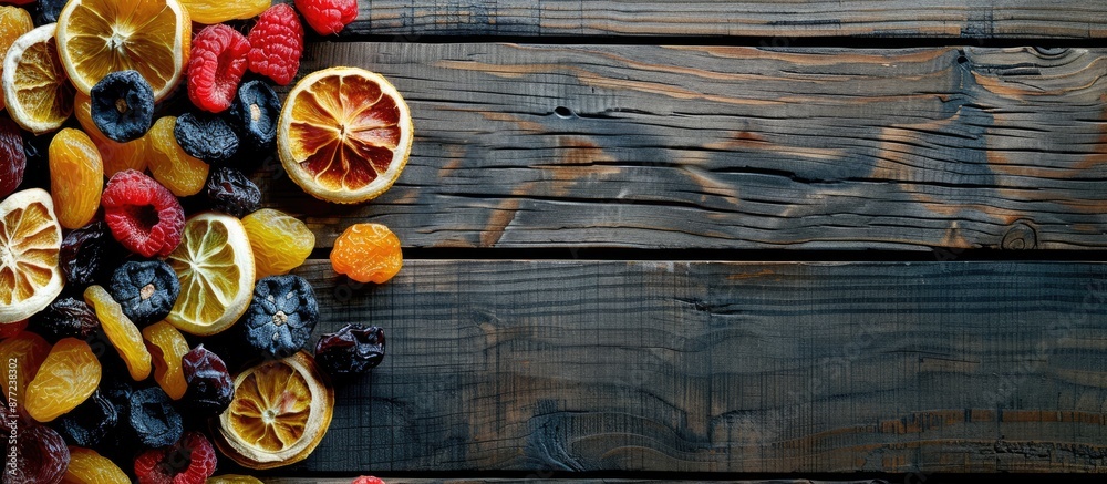 Poster top view of assorted dried fruits on a wooden surface with copy space image promoting a healthy life