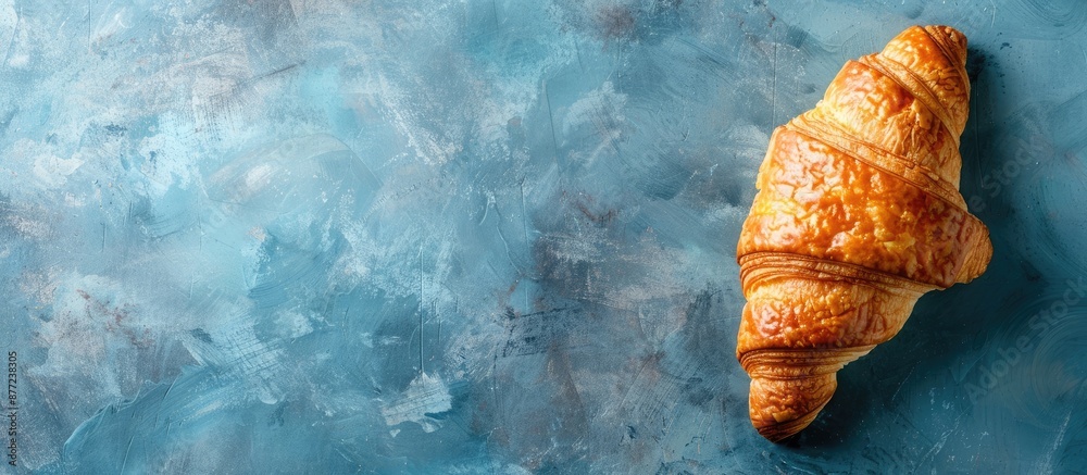 Aufkleber a fresh croissant is displayed on a blue background with copy space perfect for a rustic food backgr