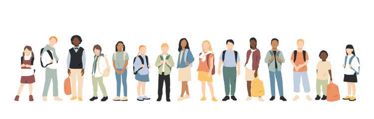 Different children with backpacks stand together.