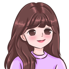 Cartoon woman, young woman with long brown hair Wearing a light purple t-shirt, smiling sweetly, looking cute and bright.