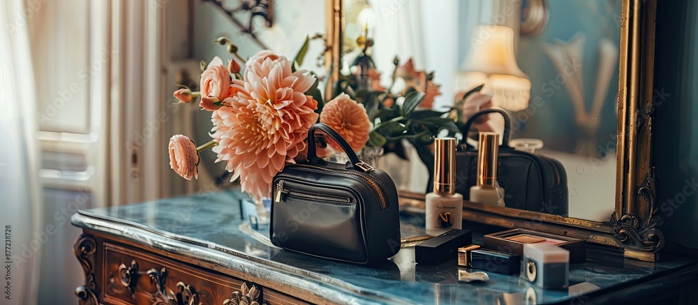 Poster Dressing table adorned with a makeup bag displaying decorative cosmetics next to a flower creating an aesthetic copy space image