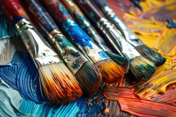 Closeup of vibrant oil paints and brushes on a painter's palette, showcasing a mix of colors