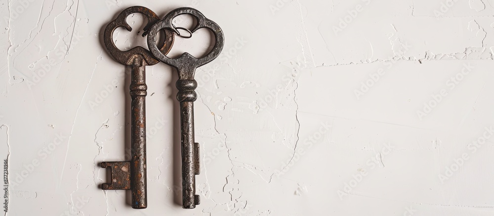Poster vintage pair of antique keys on a white backdrop with copy space image