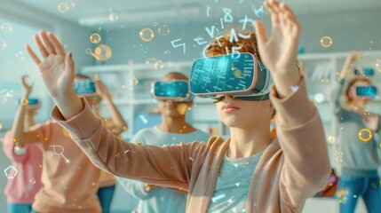 Augmented reality math lesson with equations floating around students