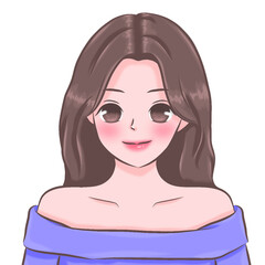 Cartoon woman, young woman with long hair and big eyes, wearing a purple dress