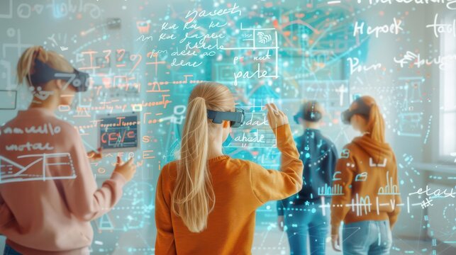 Augmented reality math lesson with equations floating around students