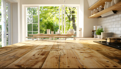 Empty wooden table in kitchen, space for design