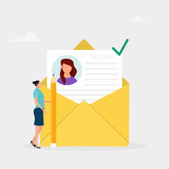 Employee recruitment process concept. A person writes and sends an online resume to a company. Human resources and personnel selection. Vector illustration.	