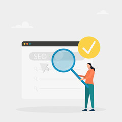 SEO optimization. An analyst who works with website data, analyzes search queries and selects keywords. Vector illustration	