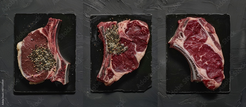 Aufkleber Top view of a selection of fresh raw Black Angus prime meat steaks like T bone New York and Ribeye with seasoning displayed on a black background to create an appealing copy space image