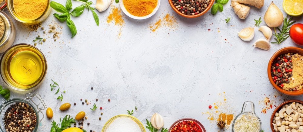 Poster Bird s eye view of various food ingredients surrounded by a blank area suitable for adding a recipe in the copy space image
