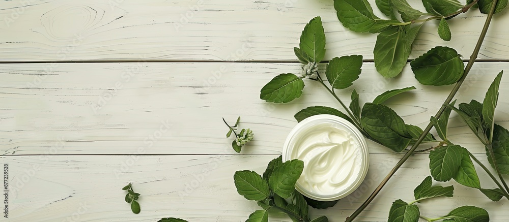 Aufkleber cosmetic cream placed on a fresh herbal leaf with a white wood background creating an elegant compos