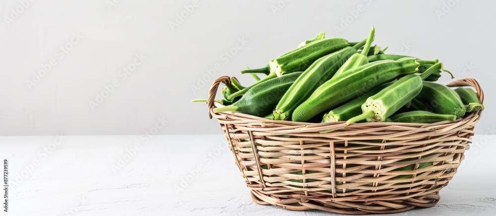 Leinwandbilder Raw okra in a basket isolated on a white background with horizontal orientation and space for text or images. with copy space image. Place for adding text or design