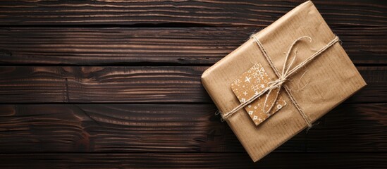 A holiday themed gift box is elegantly wrapped in craft paper against a dark wooden backdrop complemented by gorgeous cards and a copy space image