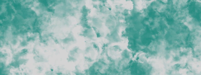 Abstract blue green sky with clouds background design. Hand painted vintage mint and white sky and cloudy background. Blue and green marble texture.