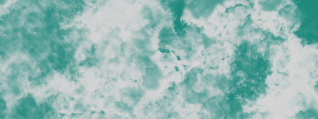 Abstract blue green sky with clouds background design. Hand painted vintage mint and white sky and cloudy background. Blue and green marble texture.