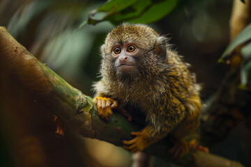 Fluffy pygmy marmoset is perching on tree branch.