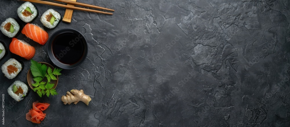 Leinwandbilder A sushi arrangement on a dark slate background complemented by soy sauce ginger and chopsticks with room for a text or image. with copy space image. Place for adding text or design