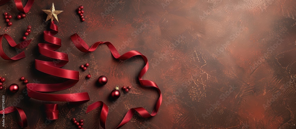 Poster craft brown background showcases a lovely christmas tree crafted from red satin ribbon topped with a