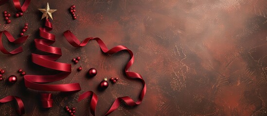 Craft brown background showcases a lovely Christmas tree crafted from red satin ribbon topped with a star offering room for additional elements in the image