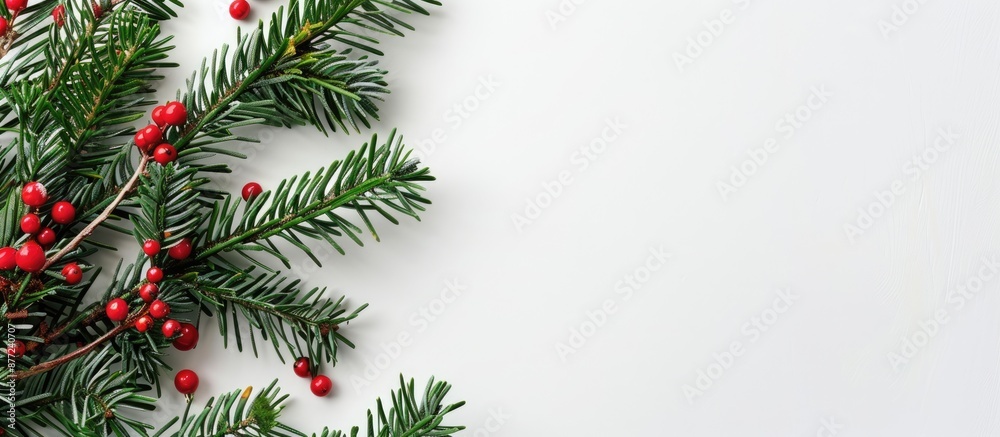 Poster white background border with christmas tree branches ideal as a christmas card template featuring em