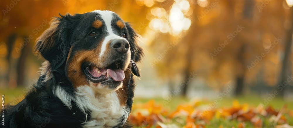Poster a bernese mountain dog with a lush park backdrop and abundant copy space image