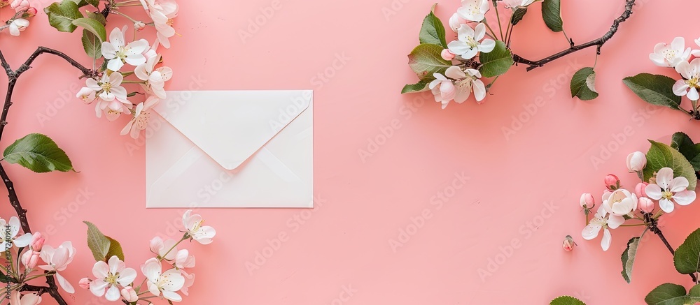 Poster long wide banner featuring a blank letter envelope and apple tree flowers on a millennial pink backg
