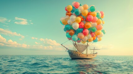 Vintage boat with colorful balloons floating in the sea, retro toned