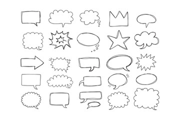 Fototapeta premium Speaking hand drawn doodle bubbles set. Talk clouds sketch frames. Speech thought Balloon shapes.