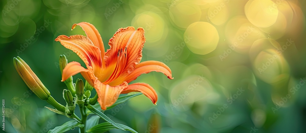 Aufkleber Close up macro portrait of an orange daylily blossom and bud isolated against a blurred green background in a sunny summer setting with copy space image