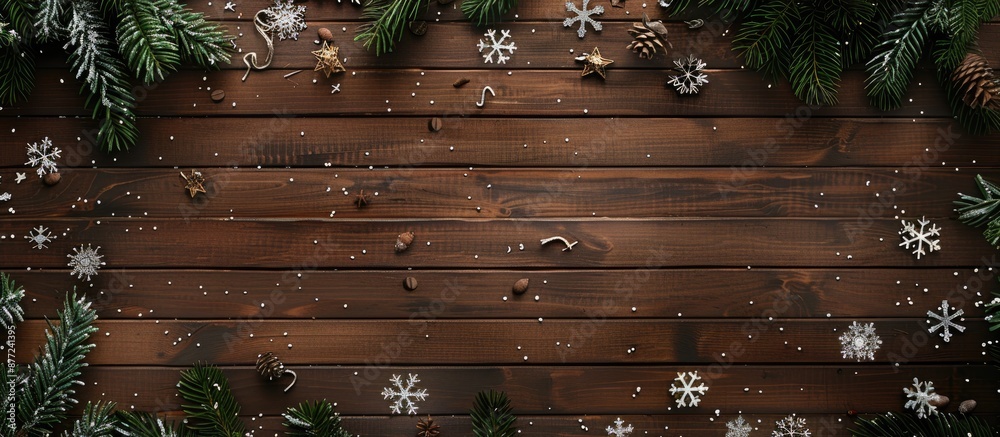 Poster Flat lay top view of a rustic brown wooden background adorned with Christmas tree twigs and snowflakes creating a festive scene with copy space image
