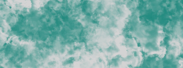 Abstract blue green sky with clouds background design. Hand painted vintage mint and white sky and cloudy background. Blue and green marble texture.