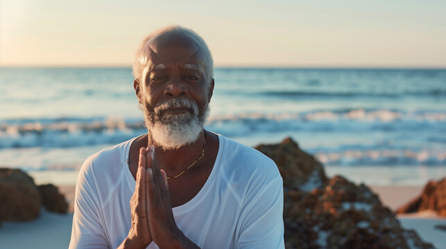 
Focused older African American man practicing yoga and posing on the beach with copy space.