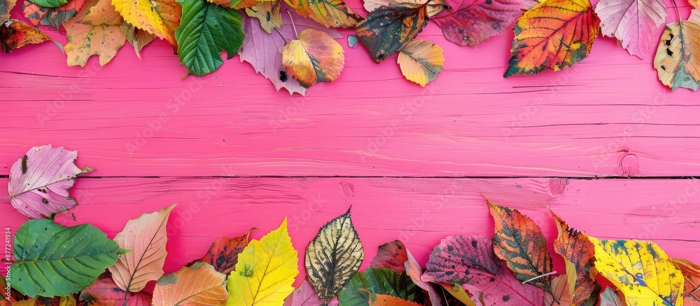 Poster colorful autumn leaves arranged on a pink wooden surface creating an eye catching setting for a copy