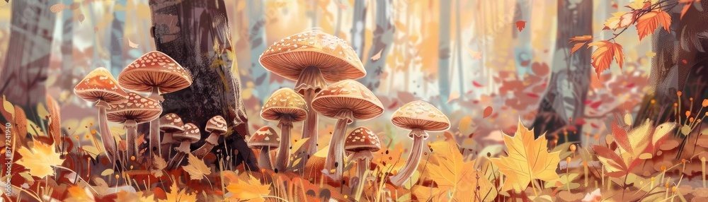 Poster autumn forest scene with mushrooms and fallen leaves, capturing the beauty of nature in fall with wa