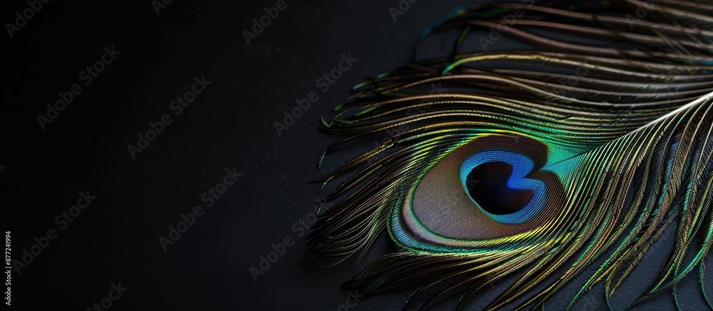 Poster high quality photo of a peacock feather on a black background providing copy space image