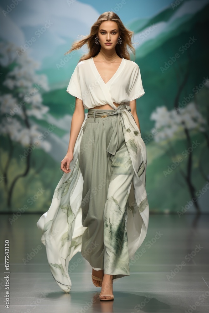 Sticker Model walks fashion week catwalk runway show, casual flowing outfit with white top and free trousers