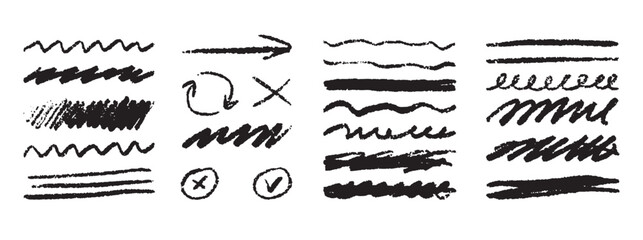 Grunge lines, hand drawn Rough strokes. Texture charcoal or pencil drawing. Crayon scribbles set. 